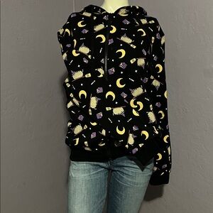 Black Pusheen Hoodie with Moon and Star Pattern